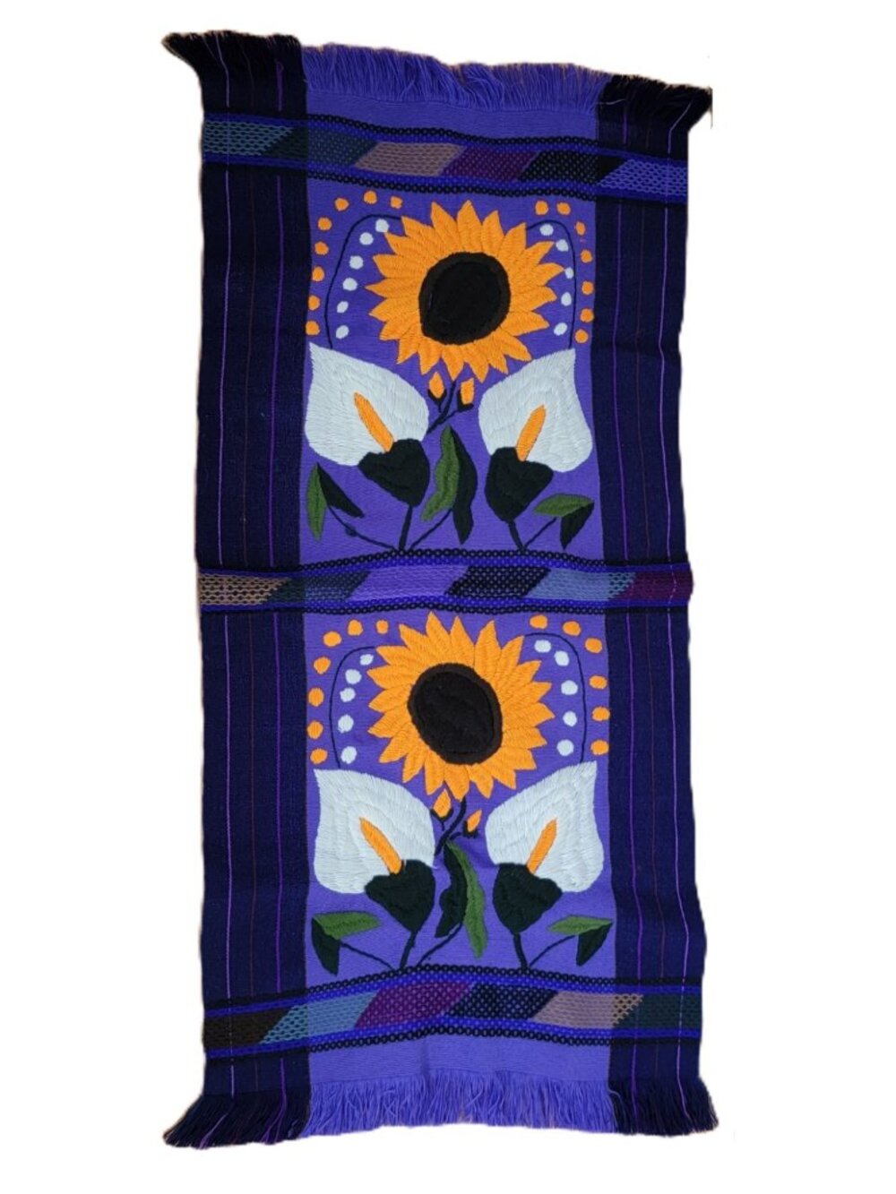 Girasoles Sunflower Mexican Embroidered Table Runner Floral Purple Blue 18"x40"